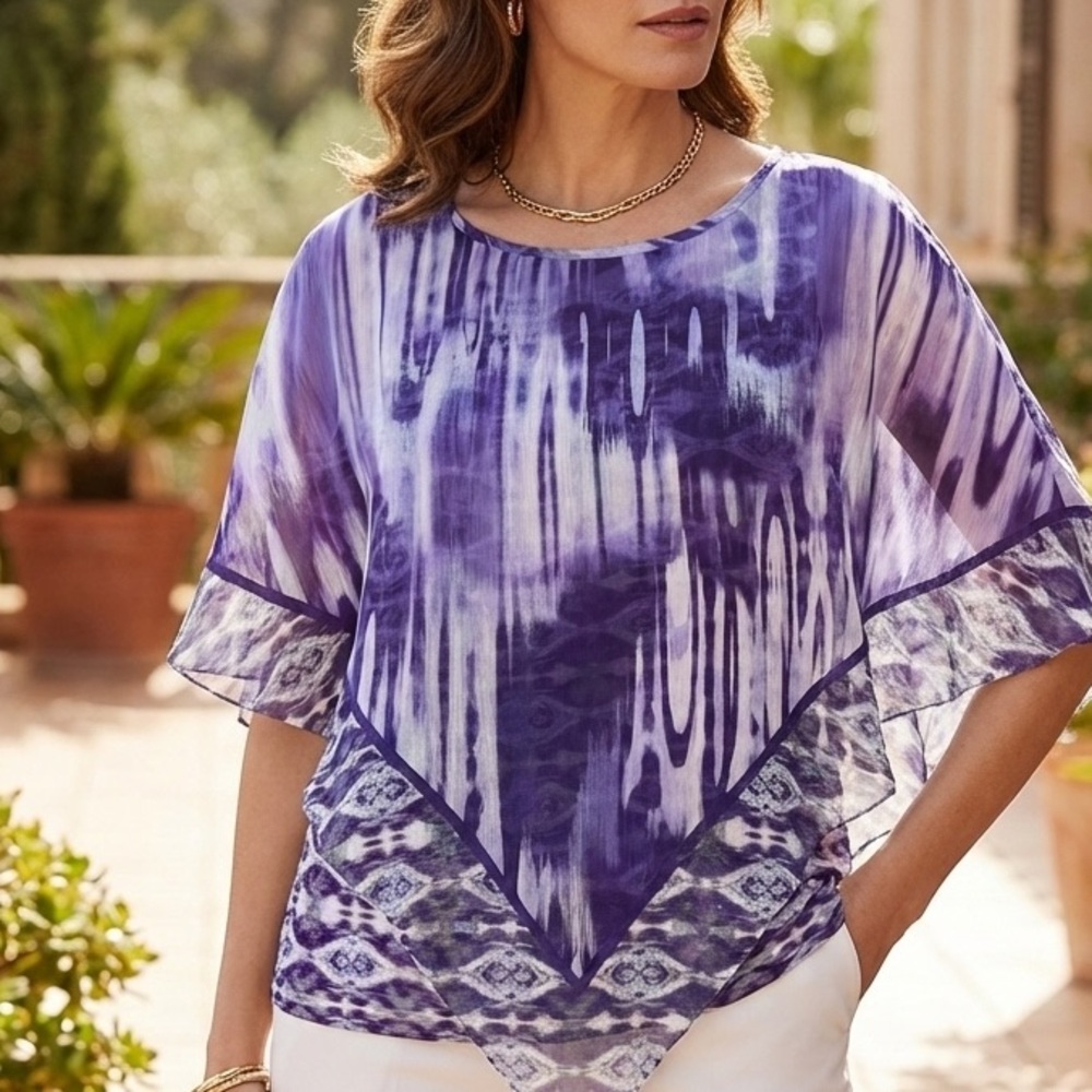 Boho Layered Chico's Purple Ikat Flutter Sleeve Poncho Tank Top Set Size 1 Mediu - Picture 1 of 9
